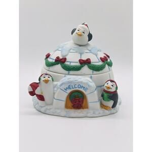 Figis 1995 Penguins On Igloo Trinket/candy Dish/Box With Lid Approx 4.5”x 5”